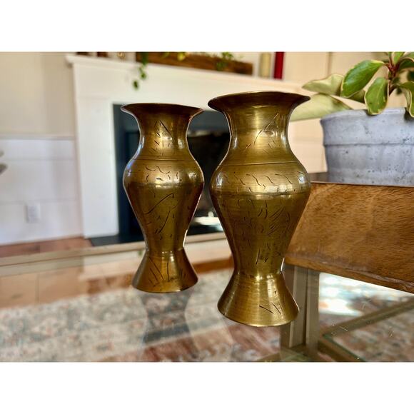 Vintage Brass Vases, Gold Vase, Bohemian, Etched Bud Vases, Wildflower Vases - Picture 5 of 10